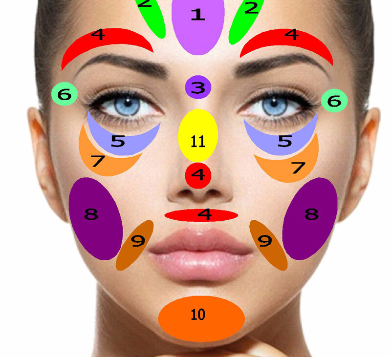 Расположение лица. Зоны прыщей на лице. Палитра зоны лица. Зоны тейпирования лица. Зоны для массажирования лица.