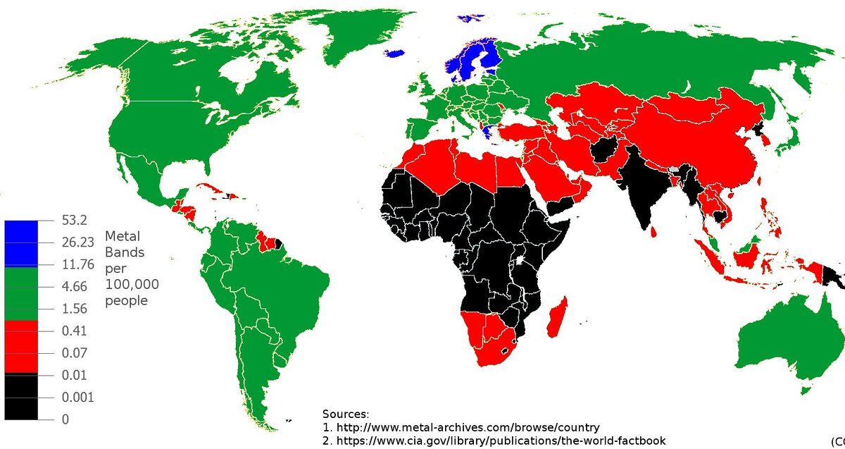 Карта количества метал-групп на 100.000 жителей