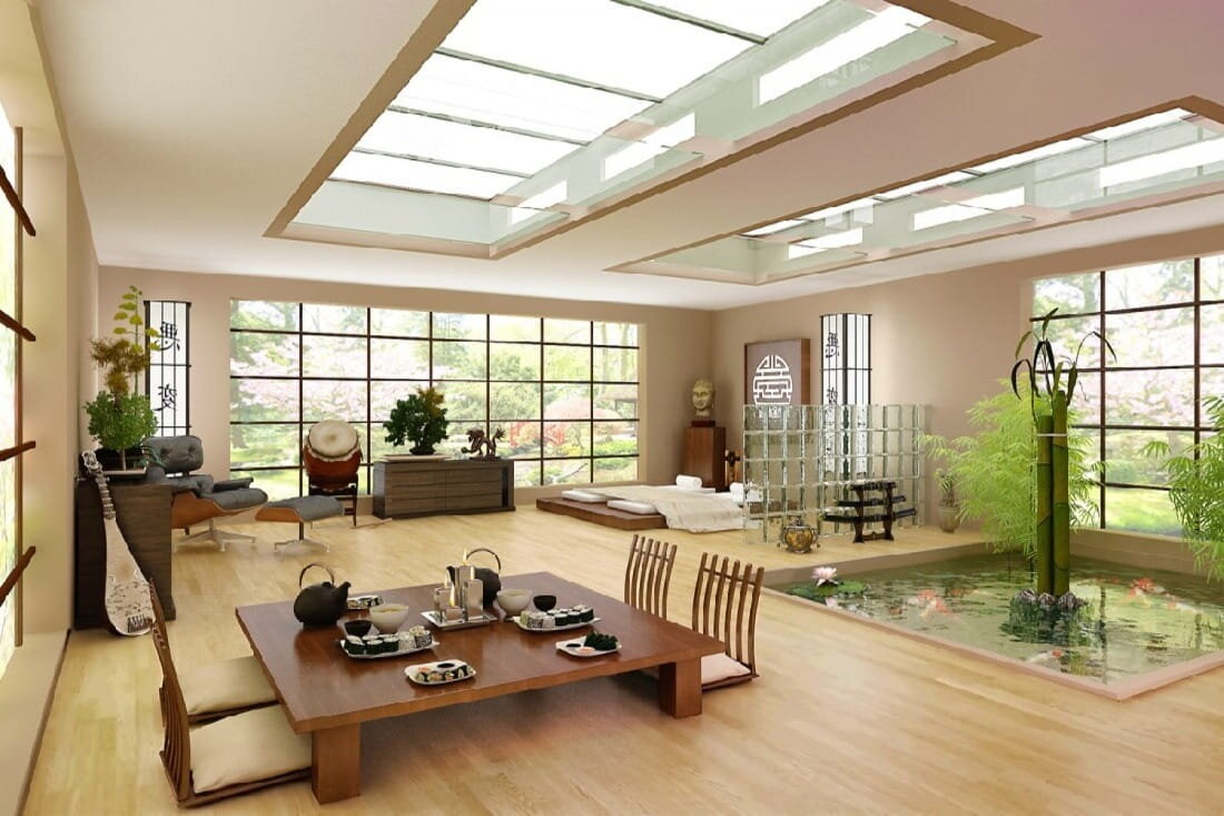 Японский стиль требует максимально использовать естественное освещение. Об этом говорят и тонкие бумажные перегородки в интерьере, они чудесное его пропускают.