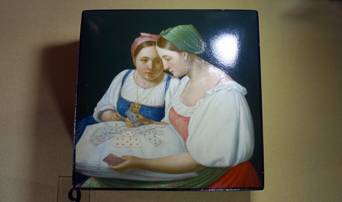 Русская лаковая миниатюра. "Гадание на картах", Федоскино. 1930-е годы