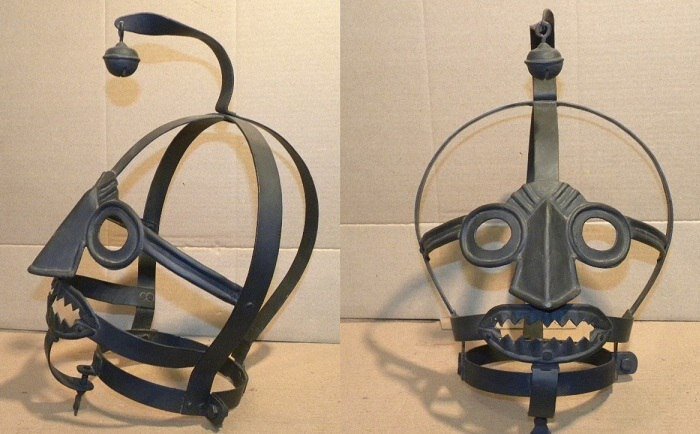 ​​ 
В Средневековье всегда находились способы приструнить недовольного человека, однако для женщин придумали особое наказание – ругательскую уздечку. Это орудие пыток применяли только для женского пола, а именно для дам, которые любили «почесать языком» по любому поводу.

В качестве наказания любительницам поорать надевали так называемую маску, затыкающую рот. Впервые такое приспособление появилось в Шотландии в 16 веке. Такая жестокая мера была предусмотрена лишь потому, что мужчинам надоедало терпеть женскую ворчливость, переходящую все границы терпимого.

Конечно, нельзя было самовольно натянуть на любую женщину маску, для это существовал суд. Маска имела вытянутую пластину с шипами, которая вставлялась в ротовую полость. Любая попытка издать хоть малейший писк или пошевелить языком приводила к невероятной боли.

Пытка могла послужить отличным для тех времен наказанием для занимающихся колдовством, а иногда использовалась и для плохо справляющихся с работой. Женщина, носившая маску, становилась похожа на животное. Уздечки специально делали такими, чтобы пристыдить провинившуюся. Бывало, что даже колокольчик вешали, дабы над беднягой поиздевались прохожие.