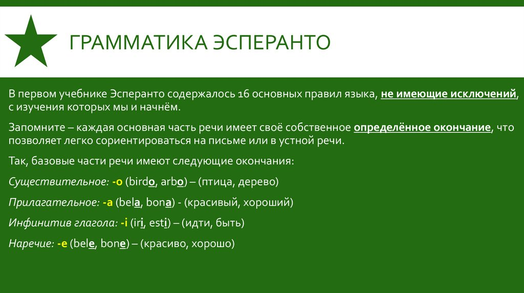 В языке эсперанто нет исключений. Вид слова, его часть речи легко определить по окончаниям.