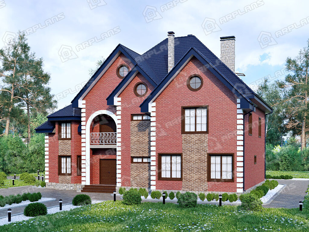 Фото 2 трёхэтажного дома из блоков с мансардой, 8 спальнями, гостевой, балконом, газовой котельной, эркером и гаражом. Общая площадь 429 кв м. Источник arplans.ru Проект К-255