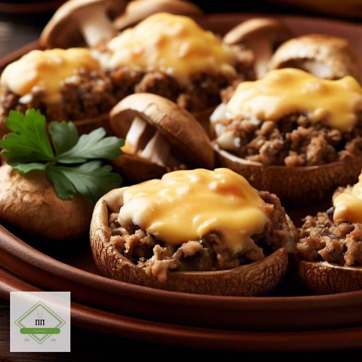 Шампиньоны, запеченные с фаршем под сырной коркой.