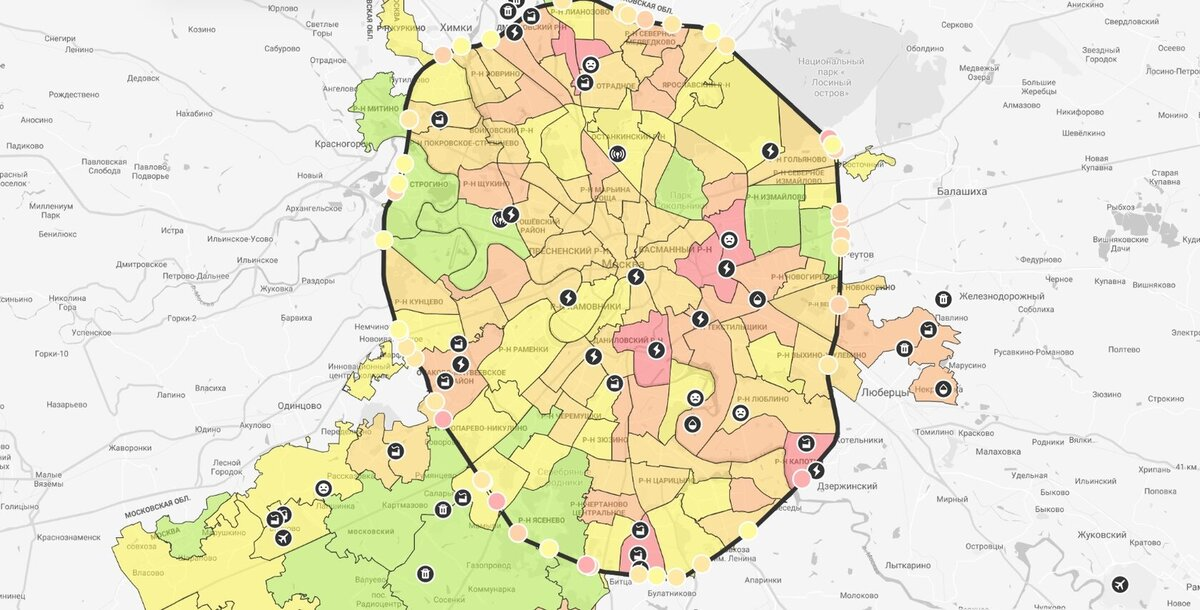 Экологическая карта Москвы 2023 года. Взята отсюда: https://ecostandardgroup.ru/center/ecorating/moscow/..