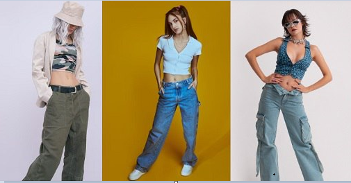 На фото образы с женскими джинсами карго в стиле грандж, спорт и гламур