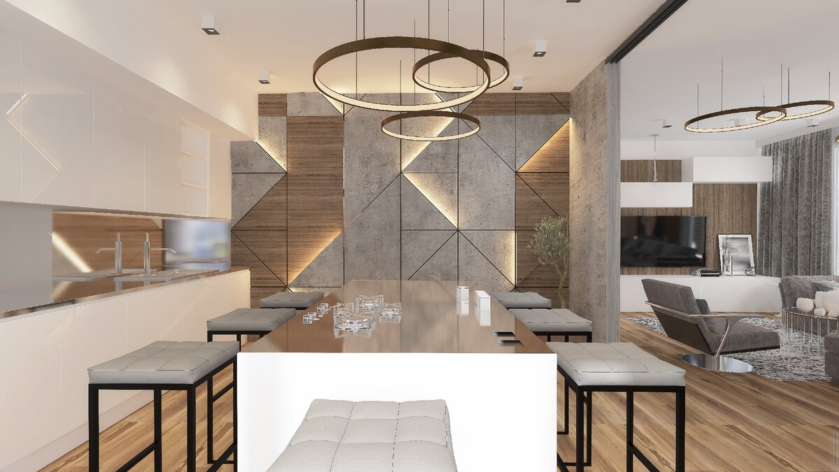 Две зоны: кухня и гостиная, являются частью одного единого пространства свободной планировки, большой угловой диван, телевизором и зона столовой, плавно перетекают в рабочую зону кухни. Современные отделочные материалы, бетонные фактуры, дерево, рельефные панели с подсветкой создают общую атмосферу дизайн-проекта квартиры