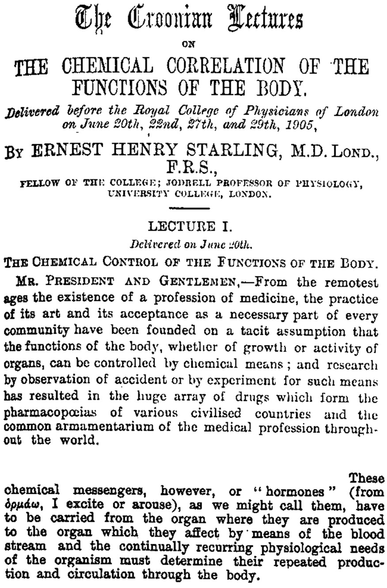 Фрагмент публикации лекций Э. Старлинга, 1905.