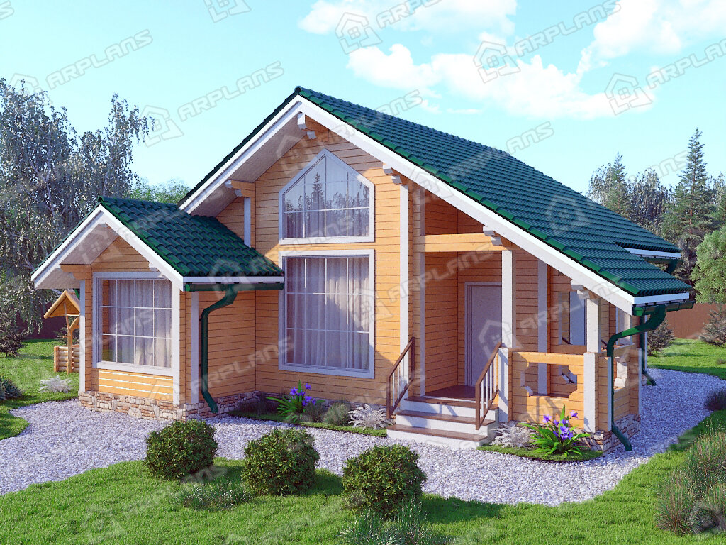 Фото 1 одноэтажного дома из бруса с террасой и 2 спальнями, 70 кв м. Источник arplans.ru Проект ДС-052