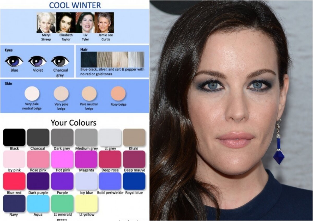 Холодный тип. Лив Тайлер цветотип. Неконтрастная зима цветотип палитра. Холодные оттенки цветотип зима. Цветотип холодная зима палитра.