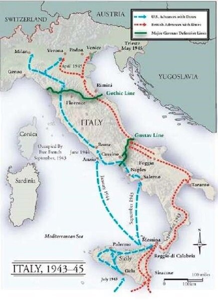 Синие стрелки — Американцы; Красные — Британцы; Зелёные — немецкие оборонительные линии, с датами