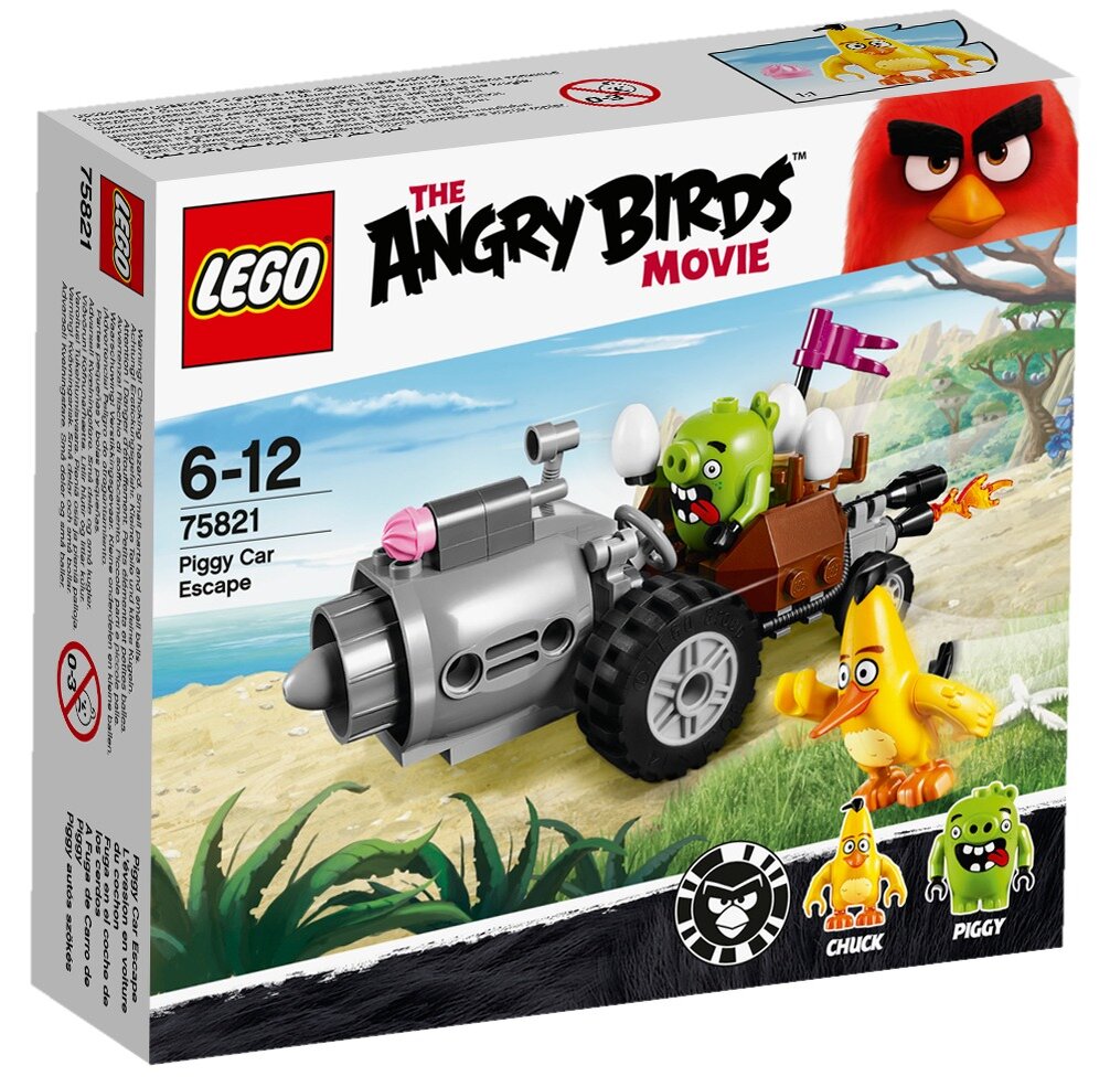 ТАдаам!!! Перед Вами самый маленький набор серии Энгри Бёрдз Лего!!!! Это машина свинок и супербыстрый Чак. ЧАк - мой любимый герой из Энгри БЕрдз. Эта жёлтая птица бегает настолько быстро , что может легко догнать и обогнать машину свиней. Вот этот набор мне нравится меньше предыдущего. Да тут две минифигурки , но вот машина  мне не очень понравилась. В машине присутствуют серые, черные и коричневые тонна. У машины есть редкая деталь руля, которая появилась в сером цвете. Хочу отметить что фигурки выполнены необычно. Сзади лежат много яиц и флажок пурпурного цвета.  Подведу итог : серию я считаю вполне хорошей и интересной и некоторые наборы радают глаз своей детализацией!!! Если вы хотите , что бы я сделал обзор на Серию Лего Губка Боб ( 2012 год) то пишите!!!!!!