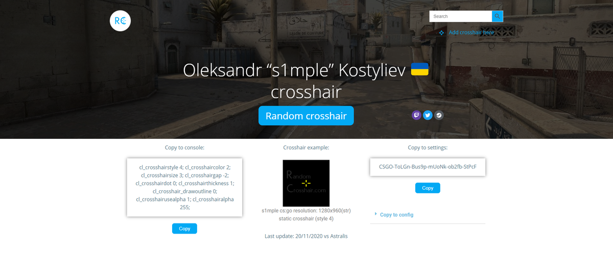 Пример страницы сайта randomcrosshair.com с прицелом игрока "s1mple"
