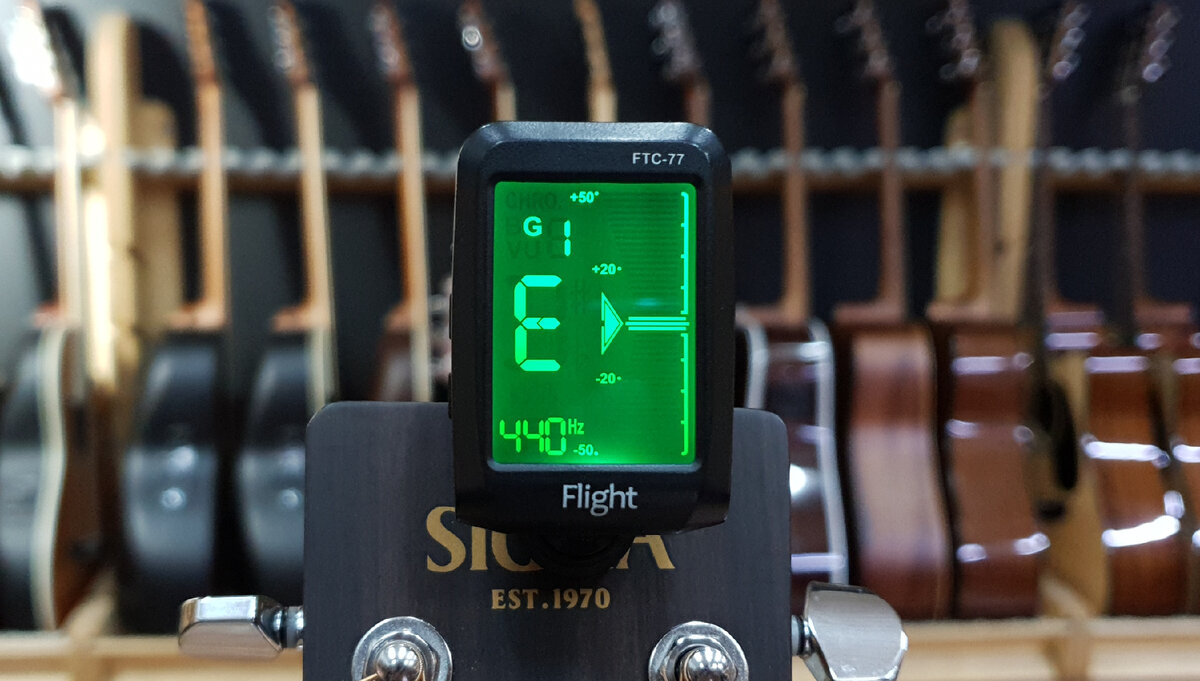 Сверху экрана отображается режим G, а рядом номер струны и ниже нота E. Герцы видно снизу.