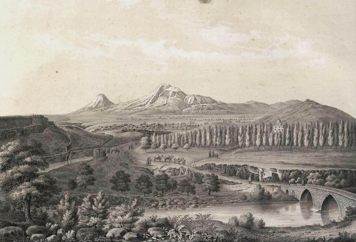 Вид из Ереванской крепости на Араратскую равнину и сам Арарат. Сегодня на месте разрушенной крепости, где Дюбуа стоял, чтобы нарисовать этот пейзаж, стоит коньячный завод.