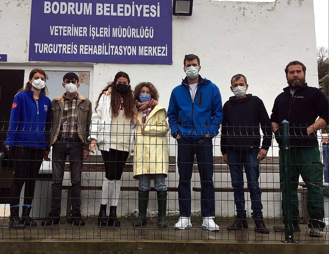 Кыванч и Башак у собачьего приюта в Бодруме с Инджи Кутай и работниками приюта