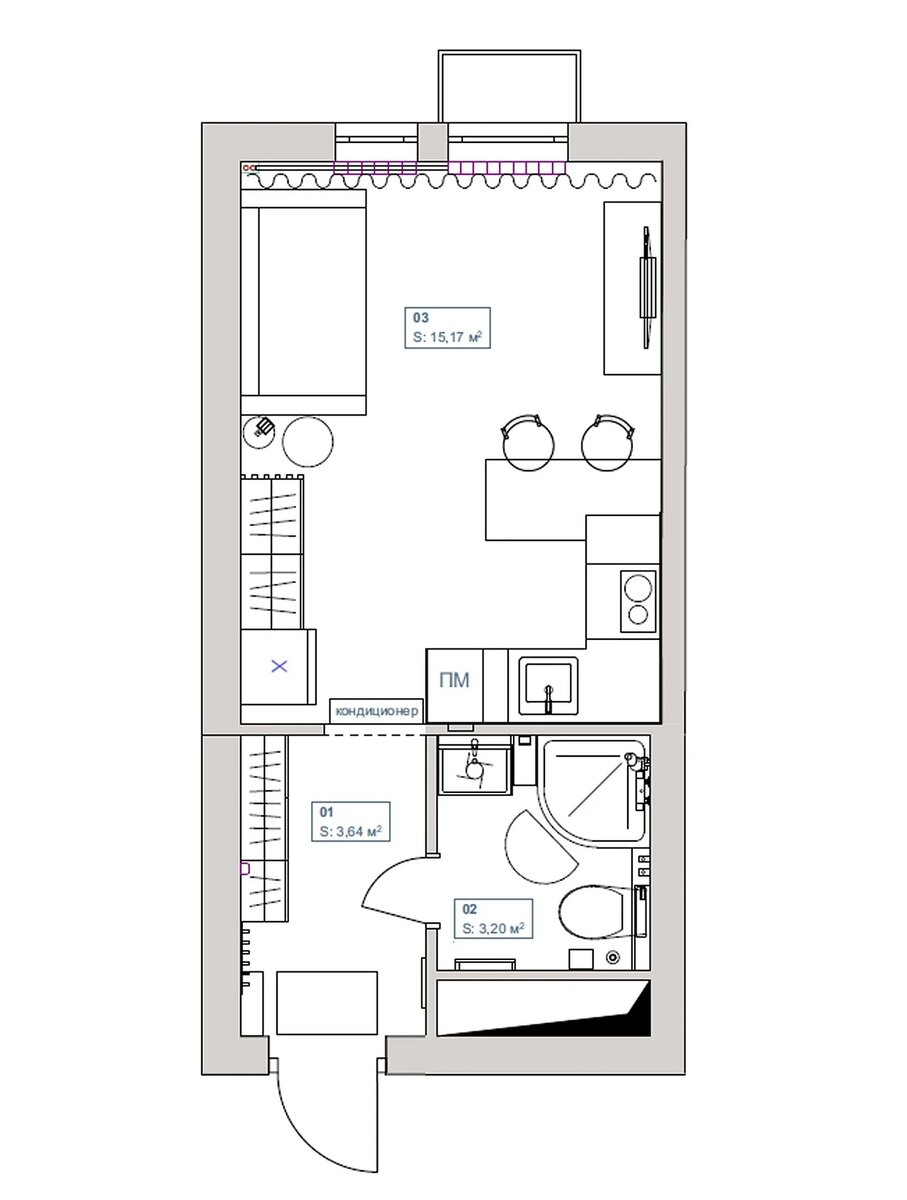 В студии была отделка от застройщика. Её частично сохранили — не стали трогать ламинат в комнате и плитку на полу в прихожей и в ванной. Изменения коснулись стен и санузла — обои в кухне-гостиной заменили на краску, в душевой зоне в ванной положили новую плитку, а остальные стены там покрасили.