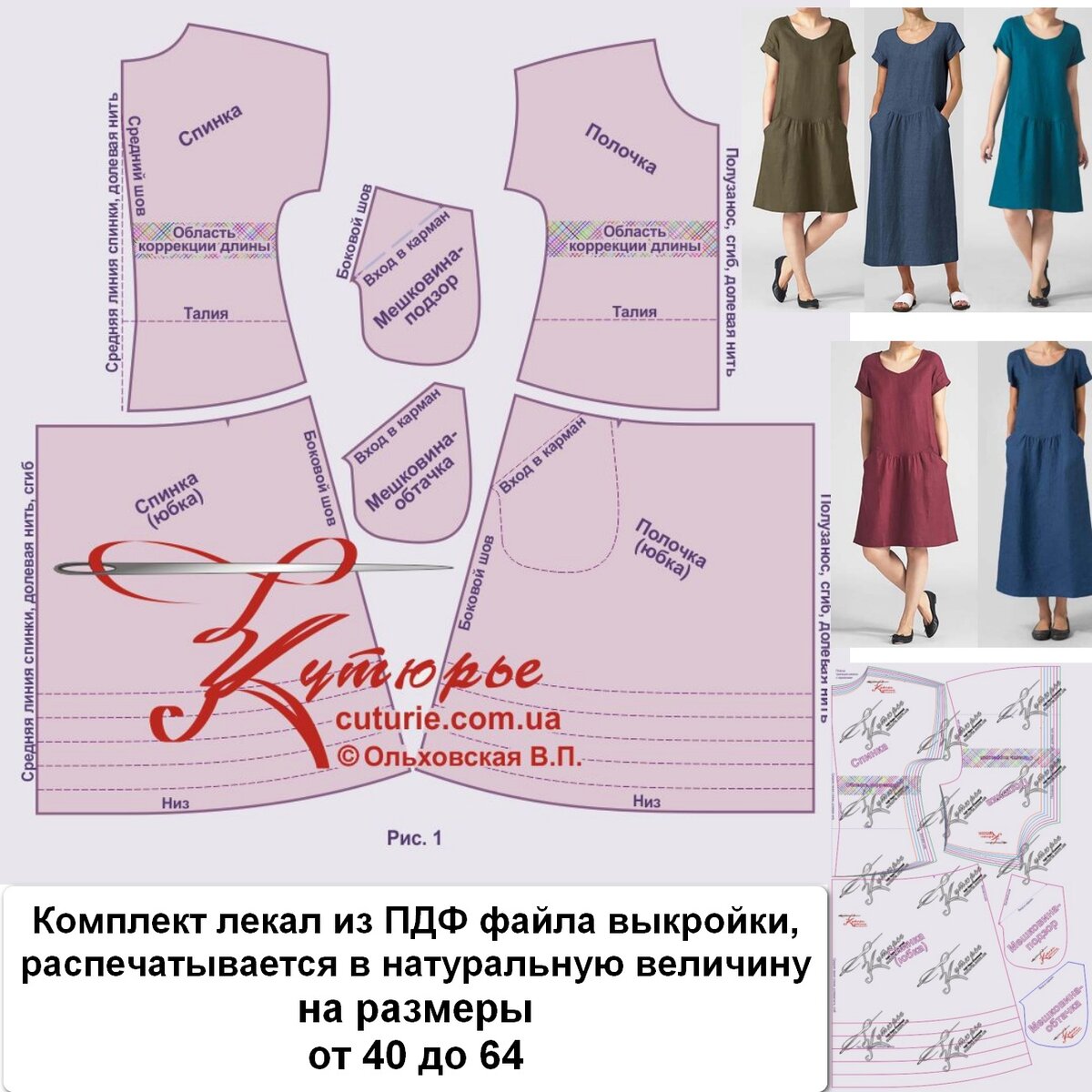 Комплект лекала из ПДФ файла выкройки на размеры от 40 до 64 и фото модели по которой делалась выкройка