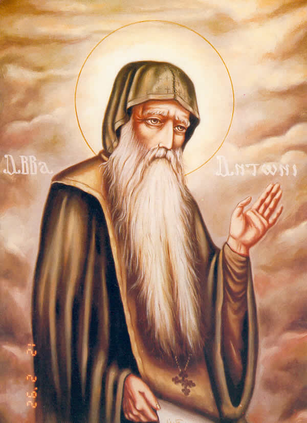 Преподобный Антоний Великий по происхождению был египтянином. Родился он в 251 году, в благородной, богатой семье, в селении Кома (близ Гелиополя). 
Родители Антония были христианами, и он рос и воспитывался на Заветах Христа. Раннее детство Антония прошло в родительском доме. Когда же он достиг отрочества, и его полагали отдать для обучения грамоте, он предпочел оставаться ближе к родителям, не желая ни покидать отчий дом, ни общаться со сверстниками.

В общем он был послушным ребёнком, охотно посещал Божий храм вместе с матерью и отцом, внимательно слушая, что там читалось. Несмотря на завидный семейный бюджет, Антоний не был избалованным дитятей, не требовал изысканных яств и прочих излишеств, довольствовался тем, что давали, а давали, в педагогических целях, умеренно.

По смерти родителей Антоний остался за старшего. На его плечи легла забота о хозяйстве и малой сестре. К тому времени он был достаточно взрослым человеком (по свидетельству древних источников ему было от 18 до 20 лет). 
Через несколько месяцев после того, как он осиротел, с ним произошёл случай, круто повлиявший на его дальнейшую жизнь. В один из дней Антоний, по обычаю и влечению сердца, направился в храм. По пути предался раздумьям: вспоминались апостолы, оставившие всё и последовавшие за Христом, вспоминались те верующие, которые, продавая имущество, приносили врученные средства и смиренно полагали перед Господними учениками.

Едва он вступил за порог Божьего храма, как услышал слова, прозвучавшие словно из уст Самого Искупителя. Это были слова из Евангелия, обращённые к богатому юноше, которые произнёс Иисус Христос (Мф.19:21) и которые легли в основу одного из важнейших монашеских обетов – нестяжания. Смысл этих возвышенных слов – кто хочет быть совершенным, должен продать, что имеет и последовать за Спасителем – Антоний воспринял так близко, как будто они были адресованы лично ему.

Выйдя из храма, он незамедлительно продал всё, что унаследовал от почивших родителей (а это был немало: одной только плодородной земли – десятки гектаров), часть средств раздал местным жителям, чтобы не беспокоили ни сестру, ни его самого, часть оставил сестре, а часть раздал нищим.

В очередной раз войдя в храм Господень (вскоре после случившегося), Антоний услышал другие слова из Евангелия, располагавшие опираться на Промысл (Мф.6:34) и вновь отнёс их к себе. Он тут же вернулся, раздал беднякам остатки имущества, вверил сестру попечению добродетельных дев, проживавших в обители, и, расположившись вблизи родного дома, предался уединению и молитвенным подвигам.

Отшельничество Едва встав на путь строгой подвижнической жизни, преподобный Антоний не имел надлежащего духовного опыта и нуждался в советах мудрых людей. Ради этих советов время от времени он покидал место уединения и отправлялся на поиски тех, о ком слышал как о рачителях правды и добродетели. Получив от того или иного праведника мудрое наставление, он возвращался и продолжал упражняться в подвижничестве.

Шаг за шагом обогащая свой опыт крупицами преподанной мудрости и внимательными наблюдениями за образом жизни Божьих угодников, он пополнял его и за счёт наблюдения за собой: внимал собственным помыслам, мыслям, желаниям.

Вместе с тем преподобный Антоний занимался физическим трудом. Так он зарабатывал на пропитание, а от излишков жертвовал нуждавшимся.

Жители окрестностей, видя добродетельность Антония, относились к нему с уважением и любовью.

Постепенно Антоний приучил себя к более трудным подвигам. Нередко он проводил целые ночи в молитвенном бдении. Питался единожды в день после заката солнца, но бывало, что и один раз в два дня, и даже один раз в четверо суток. Пищей ему служил только хлеб с солью, а пил он лишь воду. Спал, как правило, прямо на голой земле, а укрывался рогожей.

Решив усугубить подвиг уединения, святой Антоний удалился к гробницам. Затем, выбрав из нескольких одну, заточил себя в ней, завалив вход большим камнем. Предварительно он условился со знакомым, что тот будет приносить ему хлеб. Пребывая в гробнице святой испытал множество искушений, но при содействии свыше сумел преодолеть их и не только устоял на спасительном пути, а и окреп духом, возрос возрастом духовным.

По некоторым подсчётам, преподобный Антоний подвизался в гробницах около 15 лет, затем, в 285 году, удалился на гору, располагавшуюся на востоке от Нила. Там он жил и трудился, прославляя Бога, на протяжении 20 лет.

Когда он ещё только искал, где устроить жилище, обнаружил ограждённое, совершенно запущенное место. Люди давно там не жили; место было заполнено пресмыкающимися. Но как только это пустынное место сделалось местом жительства и подвигов преподобного, пресмыкающиеся удалились, словно их изгнала оттуда какая-то могучая сила.

Антоний, заранее позаботившись о питании и имея с собой полугодовой запас хлеба (питался он до крайности скудно), укрылся внутри (воду для питья он добывал прямо там). В дальнейшем хлеб ему приносили два раза в год.

Время от времени к нему приходили люди, искавшие встречи, но внутрь ограды не допускались. Иногда они проводили снаружи по нескольку дней. Если была на то воля Божья, Антоний беседовал с приходящими через небольшое оконце.

Как-то раз очередные посетители, сами того не ожидая, услышали, что из-за ограды доносится странный шум, как если бы на внутренней территории находилась большая толпа: стуки, вопли, стенания. Среди этого странного гама улавливались и вполне отчетливые слова: кто-то настоятельно требовал от святого убраться прочь из пустыни и поскорей. Всмотревшись в стенное отверстие и не обнаружив за оградой никого постороннего, слышавшие уразумели, что стучащие и вопящие – демоны. Устрашившись, люди, естественно, стали кричать, звать святого Антония, а тот, подойдя к двери с внутренней стороны, посоветовал им положиться на Бога, не впадать в страх, и удалиться.

Со временем к Антонию стало тянуться всё больше и больше людей. Многие стремились подражать его жизни, хотели поселиться подле него. Однажды, желая встретиться со святым богомольцем, люди взяли и выломали запертые двери. И тогда Антоний вышел к собравшимся. К тому времени он провёл в добровольном заточении (в крепости) около 20 лет.

Многие из присутствовавших получили тогда исцеление, из кого-то были изгнаны бесы. Кроме того вдохновенною речью подвижник утешил страждущих, примирил находящихся в ссоре; кого-то убедил встать на иноческий путь. С этого времени в местных горах стали селиться желавшие встать на монашеский путь, стали появляться обители. Антоний, движимый волей Божьей, принял над ними духовное руководство. Монастыри в основном устраивались по подобию скитов.

Около 308 года, при Максимиане, было развернуто очередное гонение на Церковь: потекла христианская кровь. Когда святых мучеников вели в Александрию, преподобный Антоний последовал за ними. Он готов был умереть за Христа, но не хотел провоцировать власти самостоятельно, вопреки Промыслу. В этот период он мужественно прислуживал исповедникам, содержимым в темницах, на рудниках. Влекомых в судилище он поддерживал словом, призывая к стойкости в вере и ревности.

Судья, видя доблесть святого Антония и бывших с ним иноков, распорядился, чтобы они не появлялись в судилище, да и вовсе покинули город. Многие тогда посчитали за лучшее скрыться. Антоний же выстирал свои одежды и на другой день, словно бросая мучителям вызов, предстал перед игемоном во всём чистом. Но Богу была не угодна его скорая смерть.

После мученической кончины епископа Петра Александрийского преподобный Антоний покинул Александрию и, уединившись, предался подвижничеству в своем монастыре.

Между тем многие искали с ним встречи: кто-то для наставления, кто-то для исцеления, кто-то в силу иных причин. Видя, что люди идут и идут, он, ища покоя и не желая, чтобы о нём думали высоко, решил перебраться в Верхнюю Фиваиду, где его никто не знал и не ждал. Но когда он сидел на берегу в ожидании попутного корабля, Господь обратился к нему и сказал, что если он действительно ищет покоя, пусть идёт во внутреннюю пустыню.

В связи с тем, что Антоний не знал дороги к назначенному месту, Господь повелел ему пристать к сарацинам, что тот и сделал. Через три дня пути Антоний увидел гору, окруженную равниной, на которой росло несколько пальм; под горой находился источник с прохладной и чистой водой. Место ему понравилось; он понял, что это то самое место, на которое указал голос свыше. Здесь Антоний остался, устроил себе келью, предался молитве, богомыслию и труду. Впоследствии эта гора стала известна под названием Внутренней или Антониевой.

Сарацины, проходя по данному маршруту, доставляли Антонию хлеб. Со временем, дабы никого не обременять доставкой еды, Антоний возделал участок земли и посеял пшеницу. Но люди всё равно шли. Тогда он стал выращивать и овощи, чтобы приходящие, после трудного пути, могли подкрепить свои силы.

Когда дикие звери стали докучать преподобному частыми повреждениями огорода, он, милосердно поймав одного, повелел ему именем Господа рассказать остальным, чтобы больше не приближались к посевам и грядкам и не наносили вреда. После этого случая звери, все как один, стали обходить огороды стороной.

Когда Антоний состарился и ослабел плотью, благочестивые братия выпросили у него разрешения приносить ему раз в месяц овощей, елея и маслин. Согласно Житию преподобного, он отдавал приносящим (как бы расплачиваясь) корзины, которые изготавливал собственноручно.

Однажды братия попросили Антония посетить их обитель, и он согласился. По пути у них кончилась вода и они погибали от жажды. И тогда Бог, по молитве святого, сотворил чудо: на том месте, где он молился пробился источник питьевой воды. Пробыв недолгое время среди монаществующих, Антоний вернулся на Внутреннюю гору и продолжил там совершать свои подвиги.

Впрочем, время от времени он оставлял это место по разным обстоятельствам, ради угождения Богу.

Постепенно к Антонию стало обращаться все больше и больше людей. Кого-то он исцелял, кого-то напутствовал.

Со временем молва о великом подвижнике дошла до ушей царя Константина Великого и его сыновей. Те, желая получить от подвижника мудрое наставление, написали ему послания. Антоний же отказывался принимать эти письма, объясняя присутствующим, что следует удивляться не вниманию царя и его сыновей, составивших письма, а Богу, написавшему закон и открывшемуся через Единородного Сына. И только по вмешательству монахов, представивших Антонию, что те цари помогают христианам, но могут соблазниться, если послания будут проигнорированы, Антоний отправил ответ.

О приближении смерти Антоний узнал заблаговременно. Перед своей блаженной кончиной он посетил монахов, живших на «Внешней горе», предупредил их, что скоро оставит сей мир и дал им последнее напутствие. Те стали слёзно упрашивать его остаться и принять смерть в их обители. Но он отказался и вернулся на Внутреннюю гору.

Через несколько месяцев он заболел, а перед самой кончиной призвал двух монахов, живших при нём (по причине глубокой старости) и прислуживавших, по-христиански простился с ними и завещал похоронить его тело в земле. В 355 или 356 году (день памяти: 17 января) преподобный Антоний мирно отошёл ко Господу.

Ещё в самом начале подвижнической жизни Антония ненавистник добра и завистник, диавол, зная о его успехах на пути в Царство Небесное и не желая с этим мириться, возвёл против него брань, стал создавать всевозможные претыкания, вить путы, раскидывать сети. 
Поначалу он силился искушать преподобного, возбуждая воспоминания о богатстве; внушая мысли об оставленной сестре, об удобствах, изысканных яствах, немощи плоти и многотрудности монашеского поприща. Всем этим козням святой противопоставлял сердечную молитву, стойкость духа, искреннюю веру и твёрдую надежду на Бога, непреклонную любовь.

Не довольствуясь поражением, диавол принял женское обличье и явился Антонию ночью, но тот, вместо того, чтобы разжечься блудною страстью, воспламенился ревностью о Господе, привёл на ум мысль об адском огне и угасил жар сатанинского обольщения.

Диавол, видя, что не одолевает, но сам одолевается ревностным подвижником, призвал дружественных ему духов, явился к Антонию ночью и так жестоко избил его, что тот остался лежать на земле без признаков жизни. По свидетельству преподобного, эти побои были настолько болезненными, что не шли в сравнение с болью, причиняемой побоями от людей. Господь не оставил святого без помощи и утешения. Антоний был исцелён и продолжил славить Владыку новыми подвигами.

Раздосадованный сатана, разрываясь от злобы и ненависти, вновь приступил к подвижнику. На этот раз он задумал сломить волю святого, доведя его до состояния отчаянного ужаса. С этой целью среди ночи был произведён сотрясающий гром, от которого стены жилища Антония словно распались. В этот момент с разных сторон на подвижника ринулись демоны в образе диких, свирепых зверей. Всем своим видом звери демонстрировали, что готовы наброситься на Антония: лев сгруппировался для прыжка; волк обнажил оскал; змий извивался, готовясь к атаке; вол напрягся, чтобы бодать.

Уязвляемый незваными визитёрами, Антоний испытывал сильнейшую физическую боль, но без страха в душе. Наконец, он изобличил демонов, сказав им, что если бы они и действительно обладали могуществом, то достаточно было бы прийти одному; но так как их много, значит Бог отобрал у них силу. Потом, оградившись щитом веры, добавил, что если они в состоянии причинить ему то, чем пугают, – пусть нападают; если же у них такой власти нет, нечего и стараться. После этого мужественного заявления кровля как будто разверзлась и сквозь освободившееся пространство проник световой луч. Демоны стали невидимы, боль исчезла, жилище приобрело прежний вид. Антоний предался молитве, Бог ободрил его, а посрамленные духи рассеялись, словно дым.

В следующий раз диавол изощрился представить Антонию серебряное блюдо, имея в виду прельстить его через помысел сребролюбия. Но когда преподобный уразумел в этом мерзкий подвох и произнёс, что блюдо будет диаволу в погибель, – блюдо исчезло.

Однажды демоны посетили Антония в призраке света, стремясь убедить его в том, что они – от Бога. Но Антоний сомкнул свои очи и предался молитве, после чего свет исчез. В другой раз сатана, стремясь сломить дух Антония, назвался Богом и Промыслом Божьим. Однако и эта уловка осталась безрезультатной.

Случилось, что диавол наслал на святого стаю свирепых гиен. Но Антоний не дрогнул, а Господь не попустил Своим тварям наброситься на Антония, и они ушли откуда пришли.

Много и других козней строил ему враг; он же отражал их верой, упованием и молитвой.

«Св. Антоний молился в келье своей и услышал глас, говоривший ему: Антоний, ты еще не пришел в меру такого-то башмачника, в Александрии! Св. Антоний пошел в Александрию, нашел этого башмачника, и убедил его открыть, что есть особенного в его жизни. Он сказал: я не знаю, чтоб когда-нибудь делал какое-либо добро, почему, вставши утром с постели, прежде чем сяду за работу, говорю: все в этом городе от мала до велика войдут в царствие Божие за свои добрые дела, один я за грехи мои осужден буду на вечные муки. Это же самое со всей искренностью сердечной повторяю я и вечером прежде, чем лягу спать. Услышав это, св. Антоний сознал, что точно не дошел еще в такую меру (Patr. lat. t. 73, р. 785).» Добротолюбие

Всегда Христом дышите и веруйте в Него – призывал умирающий Антоний своих учеников.

Антоний Великий не был церковным писателем в традиционном понимании этого слова. Несмотря на это до нас дошло множество его поучений, составленных теми или иными добролюбцами. Среди прочих пособий можно выделить: Письма, Изречения св. Антония Великого и сказания о нем.

