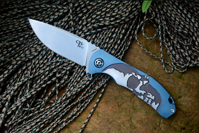 Складной нож CH3504, сталь S35VN, Синий Череп