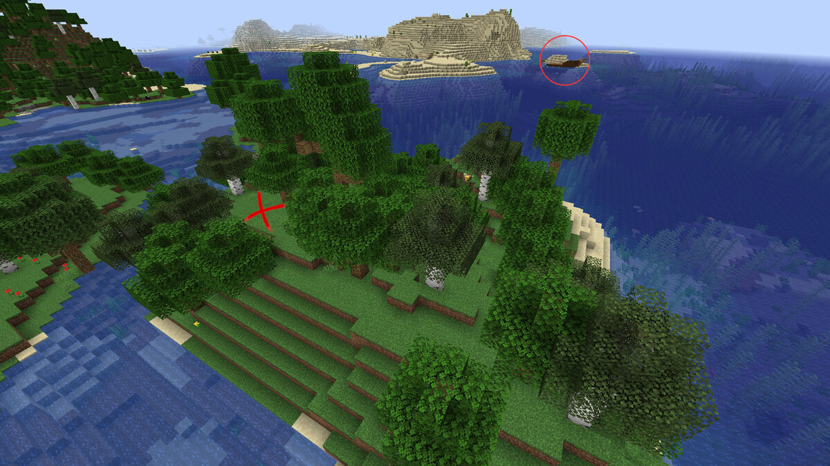 Появляемся мы, где расположен крестик, если осмотреться можно сразу найти затонувший корабль. (Координаты спавна -190 -180) Видим небольшую пустыню и бежим в её сторону.(постоянно придерживаясь левой стороны)