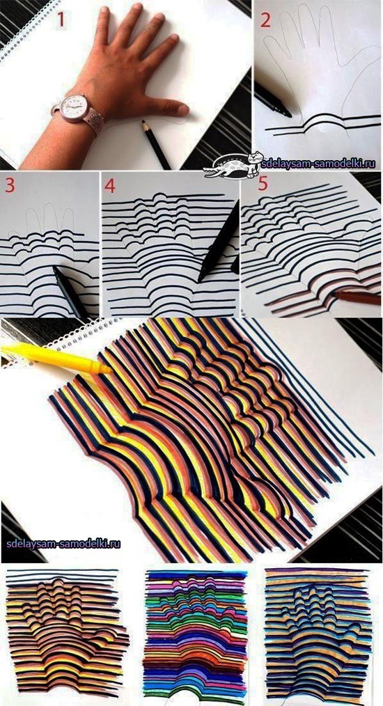 Первый, и самый простой способ нарисовать крутую оптическую 3д иллюзию — собственную руку. Экспериментируйте многими способами. В любом случае — получится круто.

