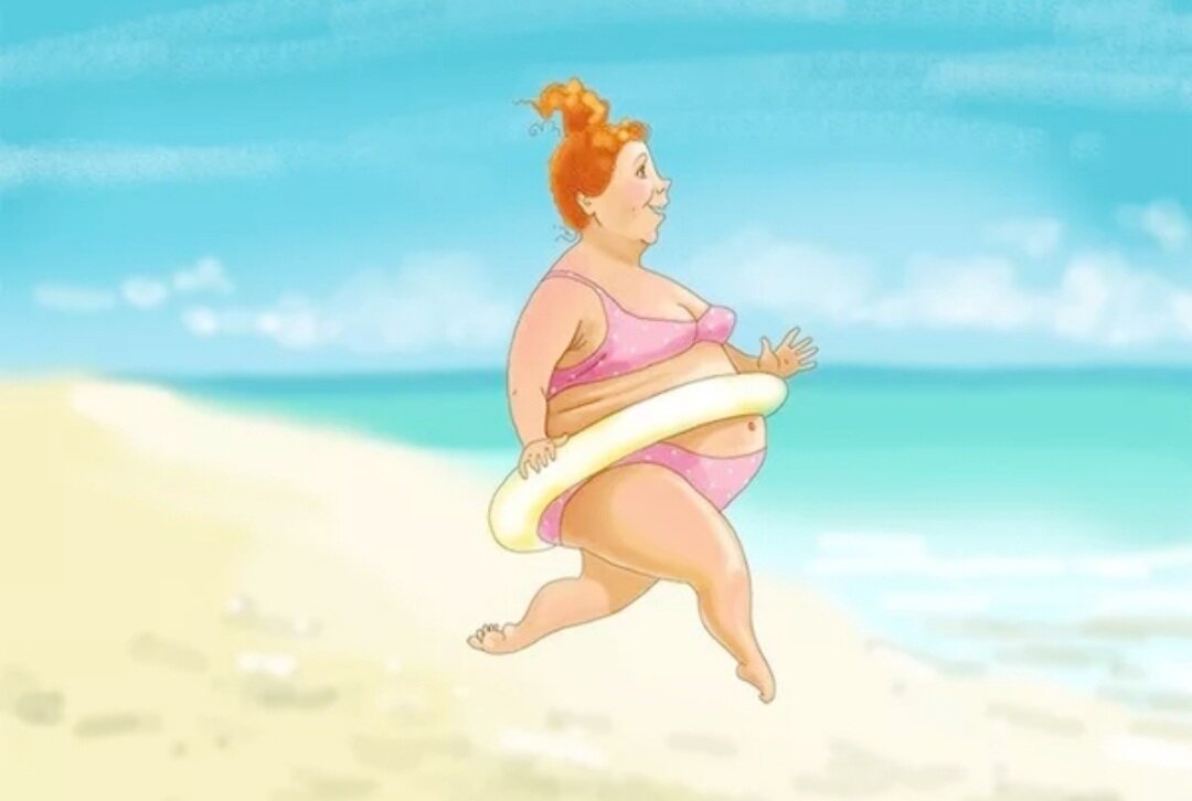 Желаю купаться в счастье. Карикатуры на пляже. Толстухи в отпуске. Смешные толстухи на море. Рисую море прикол.