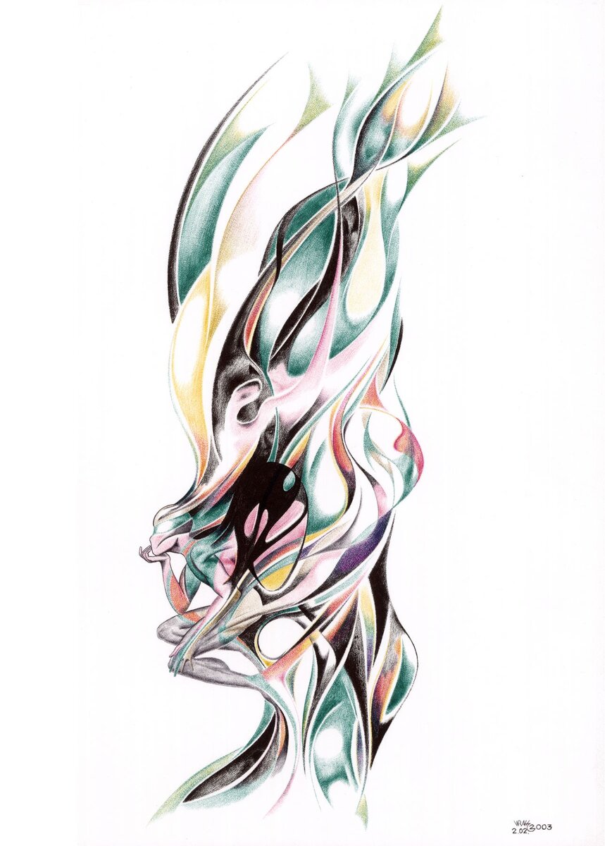 Микровселенная. Бумага «яичная скорлупа», шариковые ручки, чёрная гелевая ручка. Размер 40х30 см. 2003 г.