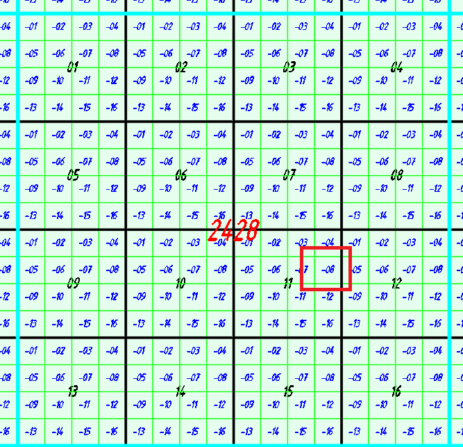 Пример наименования планшетов топоосновы для квадрата уровня 1 - 2428. Выделенный красной рамкой квадратик имеет код 2428-11-08