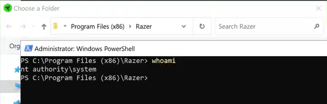 Рисунок 1. Повышение привилегий через уязвимость в ПО Razer.
