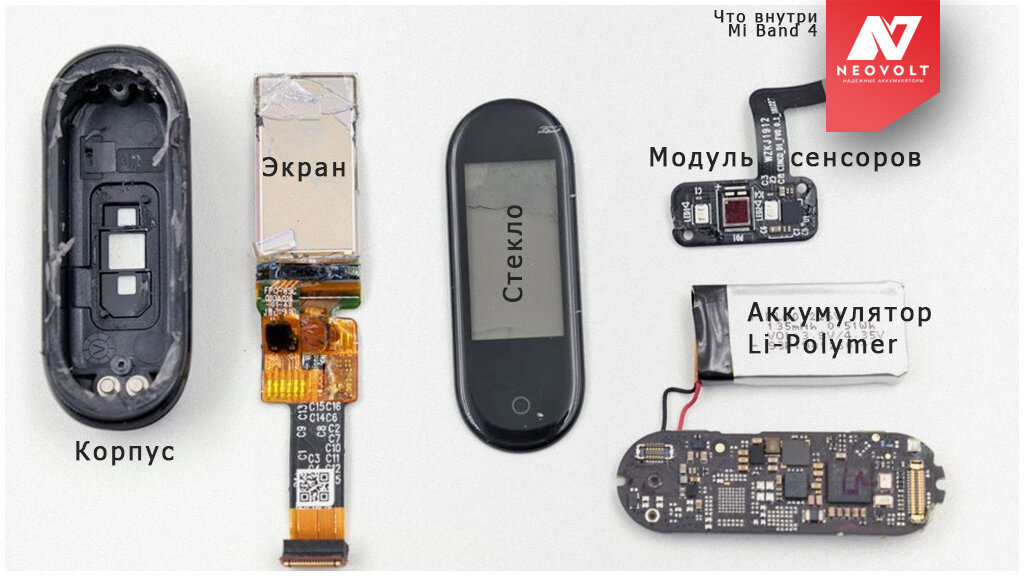 Внутренности Mi Band 4 — проблемы обычно с аккумулятором.