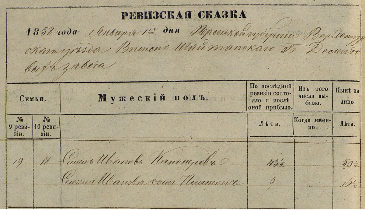 Ревизская сказка 1858 года января 1 дня Пермской губернии Верхотурского уезда Висимо-Шайтанского завода господ А.Н. и наследников П.Н. Демидовых о состоящих крепостных заводских служителях и крестьянах. ГКБУ «Государственный архив Пермского края» Ф.111.Оп.1.Д.2705 1858 г.