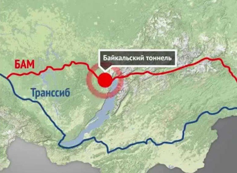 Байкальский тоннель на схеме Байкало-Амурской магистрали. Схема из открытых источников