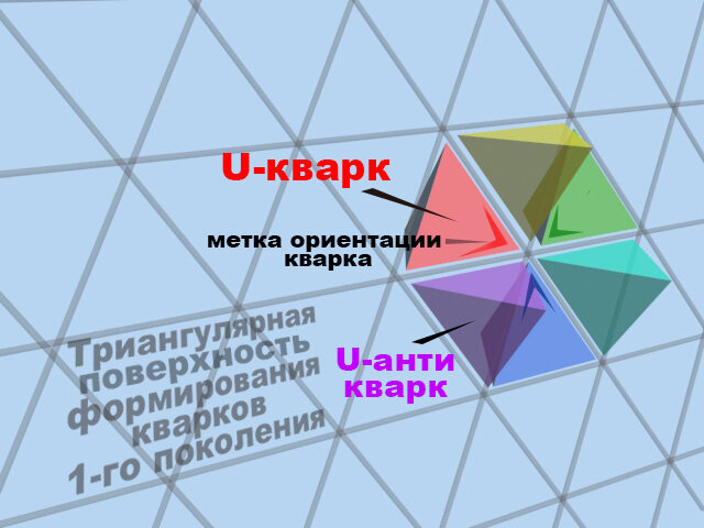 Рис.2. Пространственная ориентация u-кварков и u-антикварков с разными цветовыми зарядами.