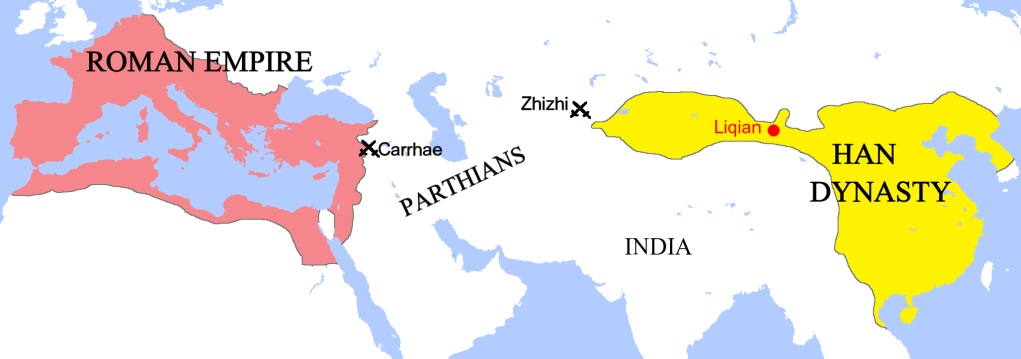 Две самых больших империи своего времени, которые были неизвестны друг другу до путешествия Чжан Цяня. Обратите внимание на вытянувшийся на запад "хвостик" империи Хань - это итог того самого плана "10000 ли", смысл которого - контроль над Шёлковым путем "до тех пределов, до которых мы только сможем дотянуться"