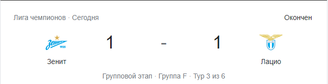 Результат матча "Зенит" - "Лацио" 
