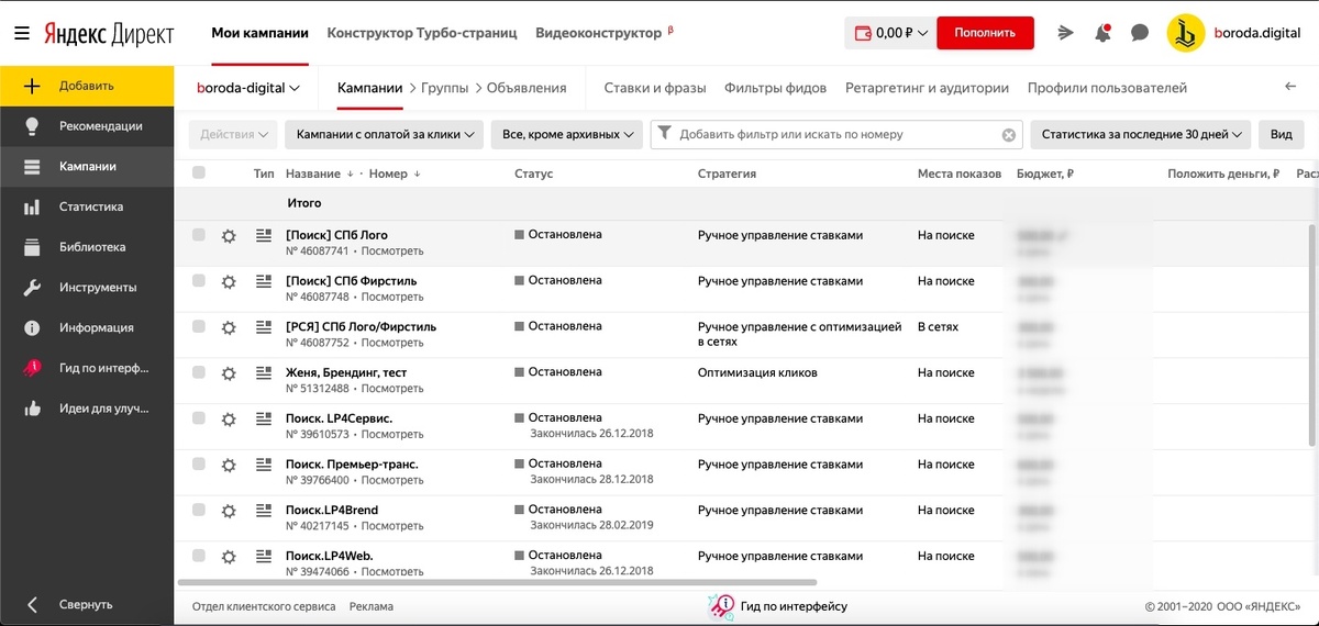 Интерфейс Яндекс Директ