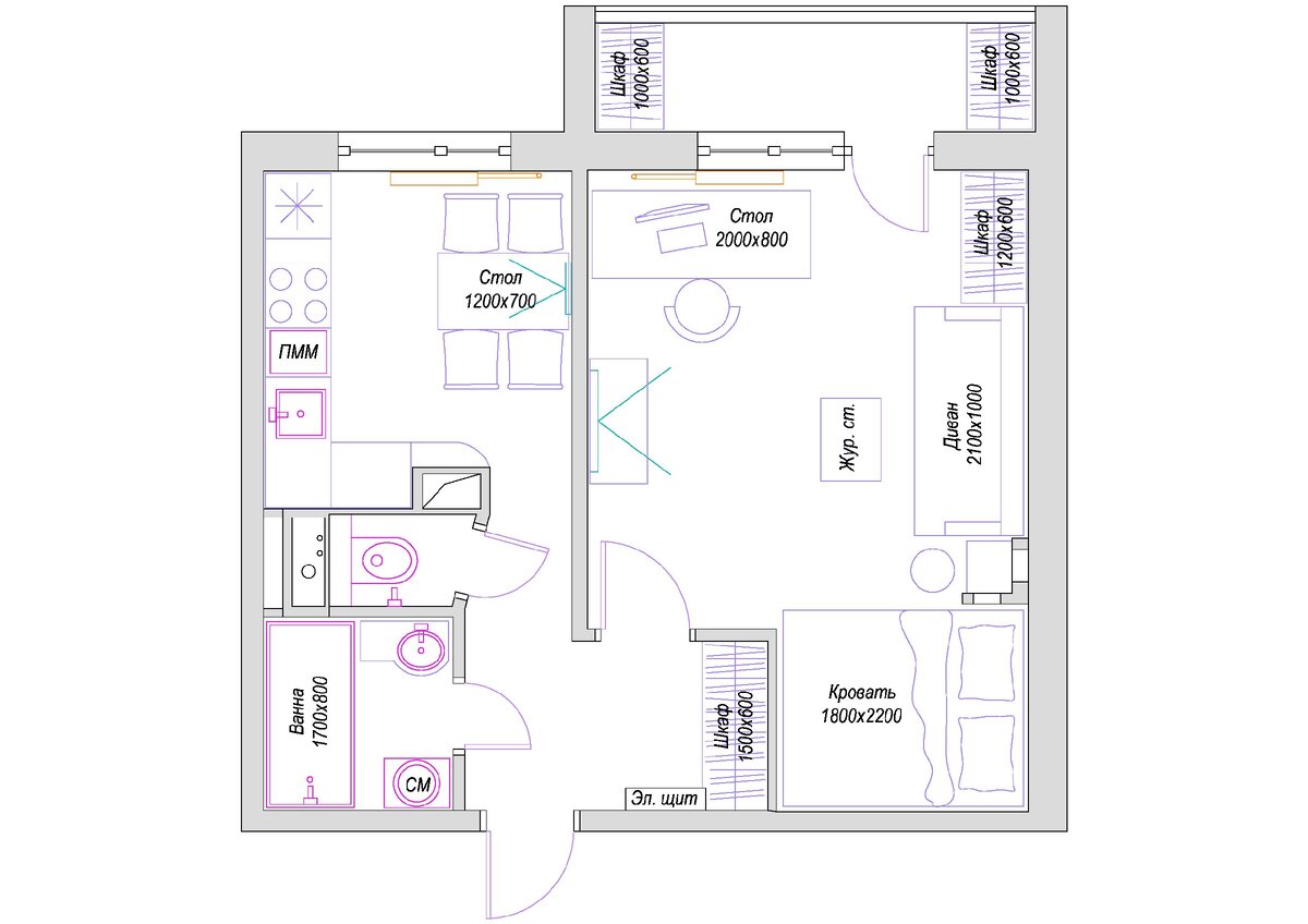 Вариант 1 с раздельным санузлом и рабочим столом у окна.