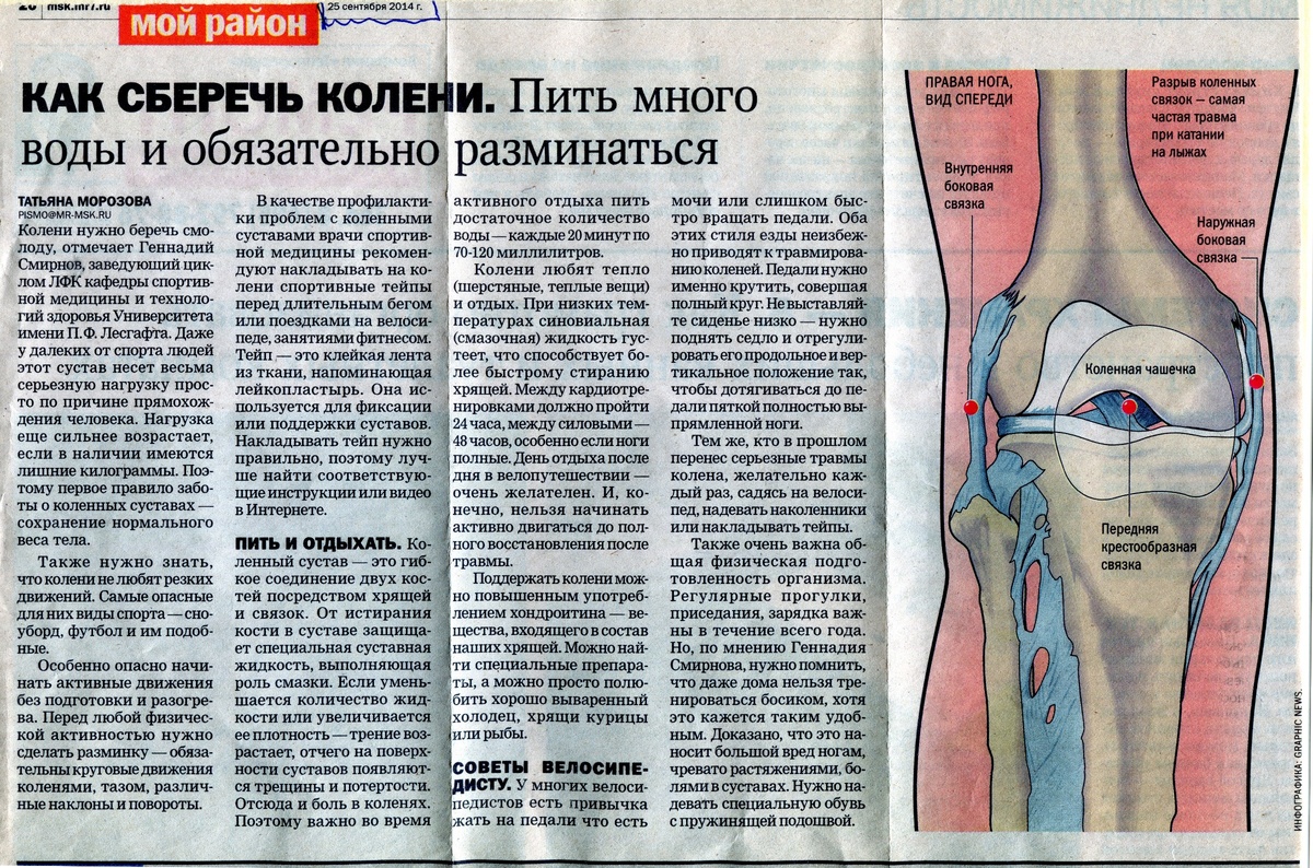 КАК СБЕРЕЧЬ КОЛЕНИ. Пить много воды и обязательно разминаться. Вырезка из газеты "Мой район", 25.09.2014