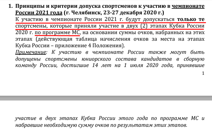 Принципы допуска спортсменов к участию в основных всероссийских соревнованиях сезона 2020-2021 гг., 17 августа 2020 года