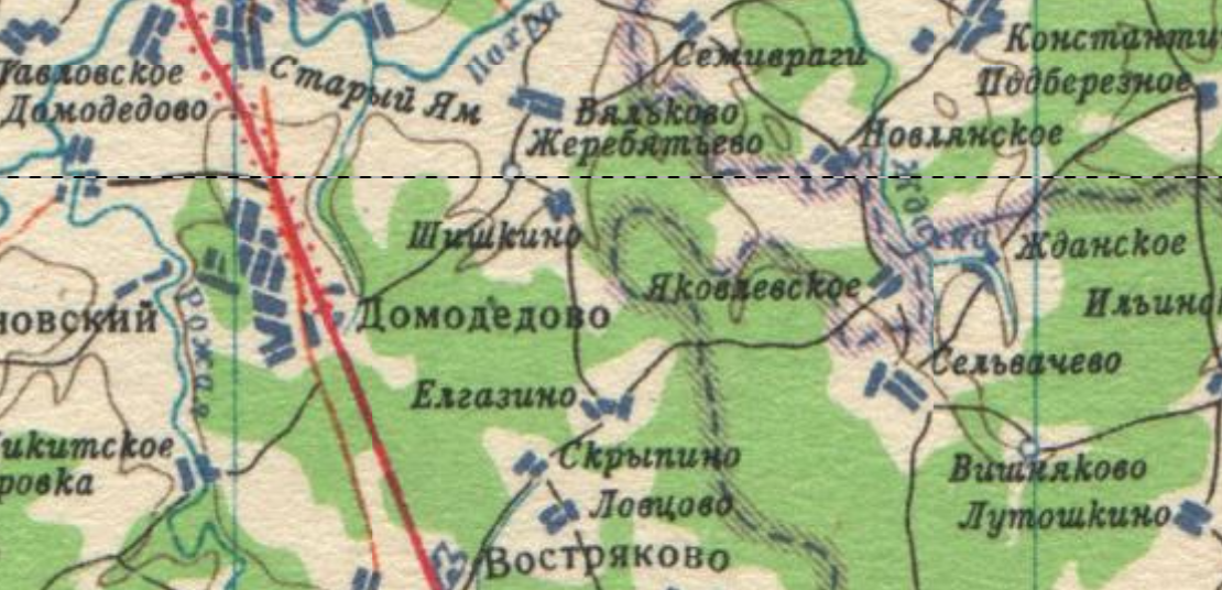 Карта Подмосковья 1947 года. Строительство аэропорта развернётся практически там, где было село Елгазино. Карта с сайта www.retromap.ru.