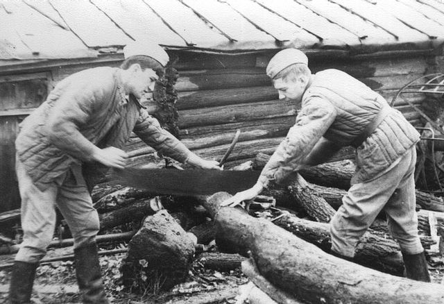 Курсанты Александр Селиверстов и Валерий Малютин пилят дрова