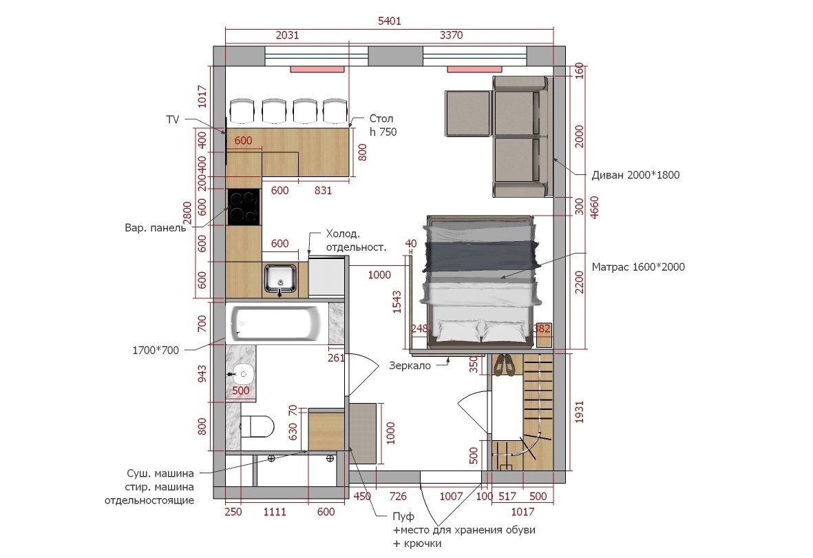 Типовую планировку от застройщика изменили — однокомнатную квартиру превратили в студию. В отделке использовали приглушённые цвета, фактуры дерева и бетона.