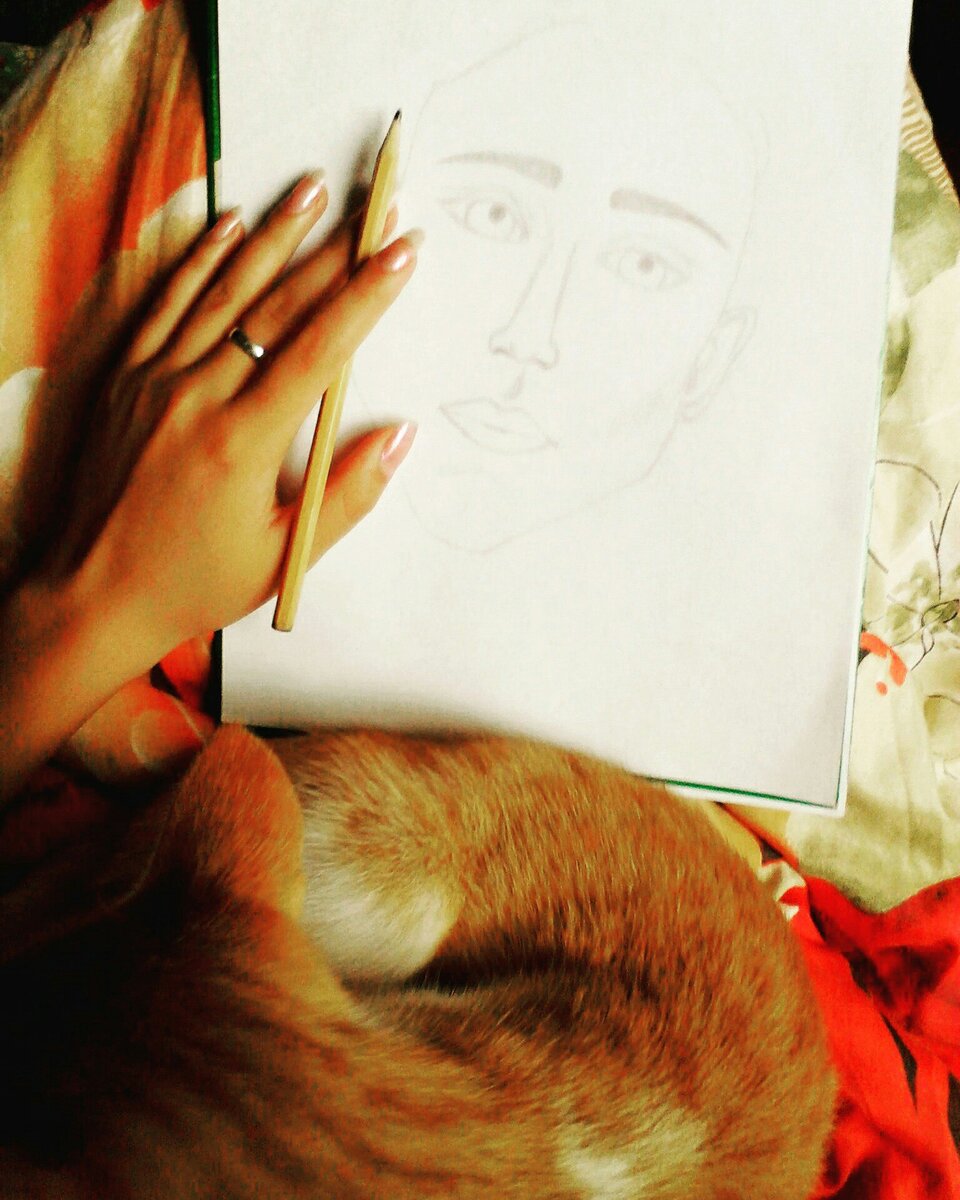 Я рисую, а кот спит на мне