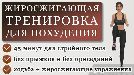 Жиросжигающая тренировка для похудения на 45 минут полностью стоя без приседаний и без прыжков (ходьба + упражнения на все тело)