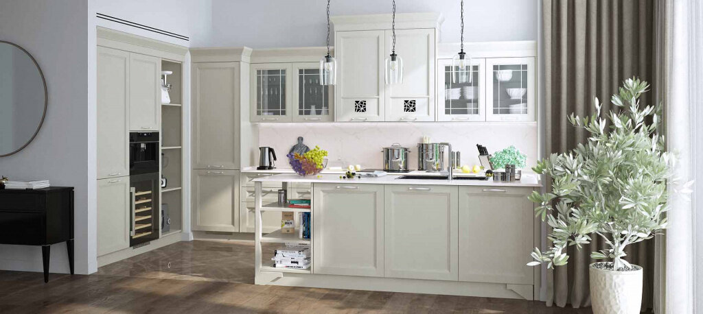 Однотонная бежевая кухня