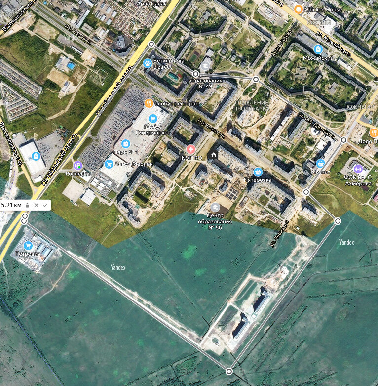 Яндекс-карта. Все "Заглобусье" - 5 км. по окружности, можно обойти за час. Чем я часто пользуюсь.