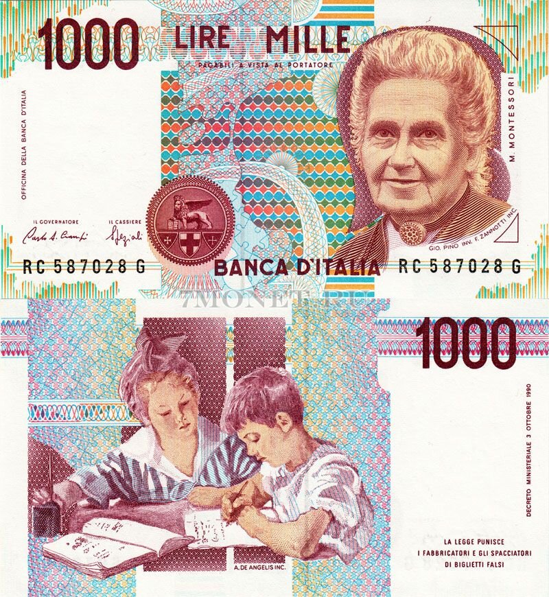 Мария Монтессори и её ученики на итальянской купюре в 1000 лир (взято с montessorihome.ru)
