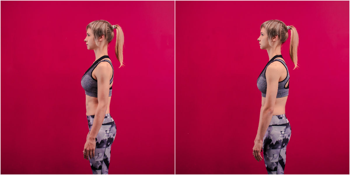 Слева нормальная осанка-справа круглые плечи