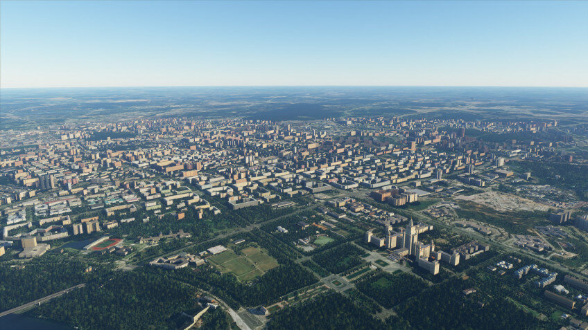 Припять, вымершая из-за атомной катастрофы, и знаменитый баварский замок НойшванштайнТак, некоторые девятиэтажки в моём родном городе стали трёхэтажками, а большие здания иногда отображаются в виде холмиков. Есть проблемы у сооружений, связанных с перепадом уровня воды: ГЭС, шлюзов и мостов над реками. Алгоритмы явно с трудом переваривают такие элементы карты и не совсем точно их воссоздают — без вмешательства человека тут не обойтись.Разумеется, первым делом я отправился летать именно над собственным городом — и хотя он не очень большой, он передан почти без изъянов (не считая вышеописанных). Нашёлся на карте и мой дом, где я сейчас пишу этот обзор, и моя школа с футбольным полем, и даже дача в деревне.Есть возможность летать оффлайн — тогда будут использоваться текстуры с компьютера (слева) Всё это подчиняется точной сетке высот: на карте есть и карьеры в виде глубоких ям, и горы высотой в несколько километров, перелететь через которые сможет не каждый самолёт. Гималаи, Альпы и Пиренеи выглядят впечатляюще и действительно кажутся скалистыми и неприступными — по крайней мере, издали. А вот если вы подлетите к ним вплотную, то рискуете остаться разочарованными: вместо ожидаемых острых пиков на их вершинах только скруглённые холмы. Впрочем, это всё-таки симулятор пилота, а не альпиниста, так что подобные неточности — вряд ли серьёзный повод для придирок.Река Волга и Жигулёвские горы, Альпы, Москва